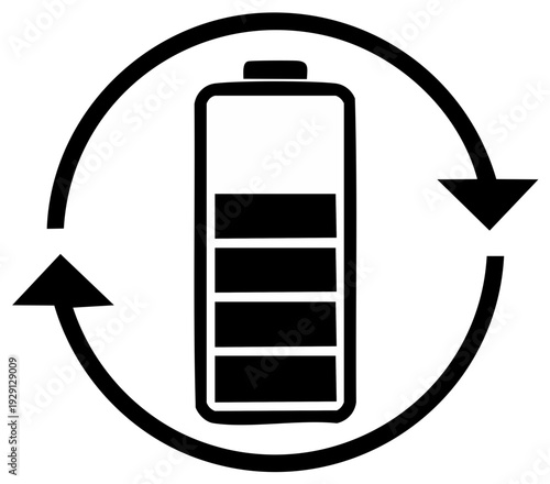 Recycling symbol surrounding a battery icon indicating power conservation and sustainability