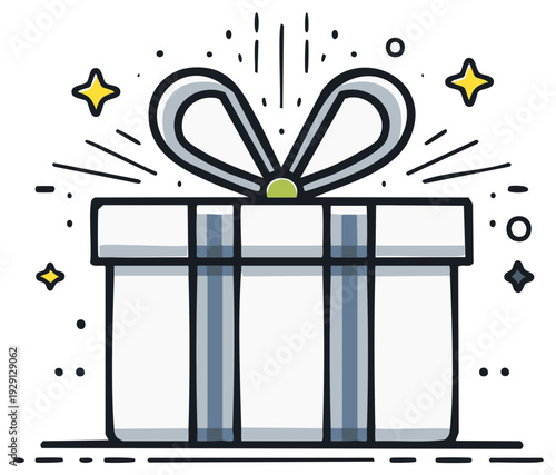 Festive white gift box with ribbon and sparkling stars, celebrating surprise and joy