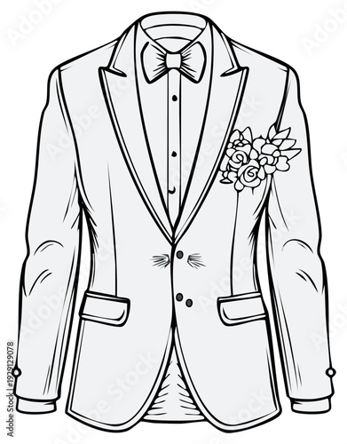 Elegant tuxedo jacket with bow tie and floral boutonniere formal wear fashion