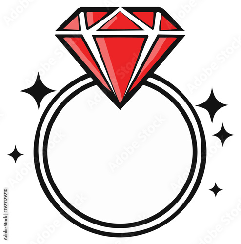 Stylized diamond engagement ring with red gemstone in simple flat vector design and shiny star shapes around the jewel
