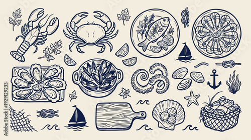 A charming hand-drawn illustration featuring a variety of delicious seafood and nautical elements, perfect for culinary or coastal themes.
