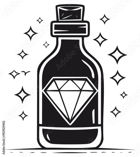 Decorative magic potion bottle illustration with diamond emblem and sparkling accents in a simple black and white line art style