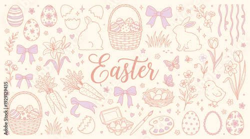 A charming pastel-colored illustration featuring various Easter symbols and motifs, including bunnies, eggs, baskets, and flowers, set against a light cream background.