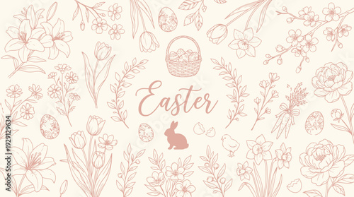 Elegant hand-drawn Easter and spring floral pattern with bunnies, eggs, and baskets on a light background.