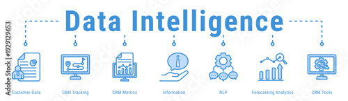 Data Intelligence web banner icon vector illustration featuring Customer Data, CRM Tracking, CRM Metrics, Information, NLP and Forecasting Analytics