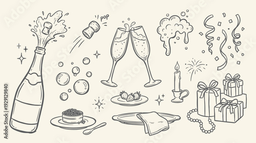 A charming hand-drawn sketch of a celebratory scene featuring a champagne bottle popping, clinking glasses, gifts, and festive decorations.
