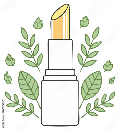 Natural Lip Balm Stick with Botanical Leaves Line Art Illustration