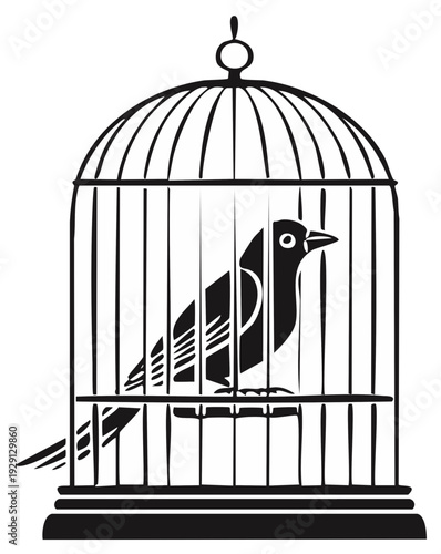 Bird in a cage. Black and white graphic illustration.