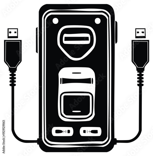 Black and White Illustration of a Charging Device and USB Cables