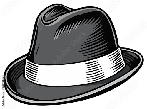 Classic fedora hat with a wide brim and a contrasting ribbon band styled with vintage drawing