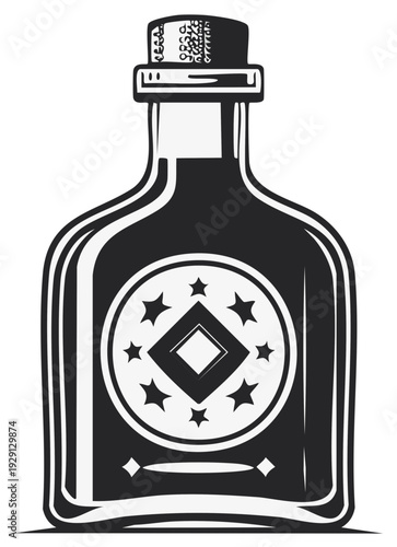 Antique Rectangular Bottle with Cork Stopper and Ornamental Star Label Design