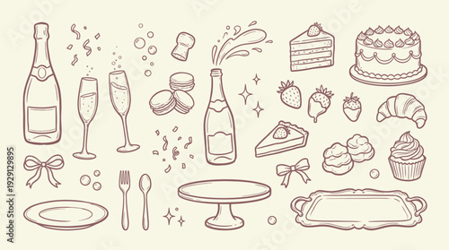 A charming collection of hand-drawn illustrations featuring celebratory elements like champagne bottles, glasses, cakes, pastries, and decorative accents, perfect for party and event themes.