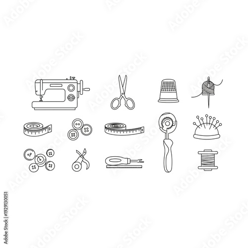 Monochrome Outline Set of Sewing and Tailoring Tools for Craft and Hobby