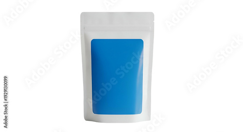 White Packaging Pouch with Blue Label Isolated on Transparent Black Background