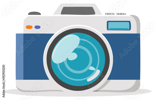 Simple flat design illustration of a blue and white retro photo camera icon