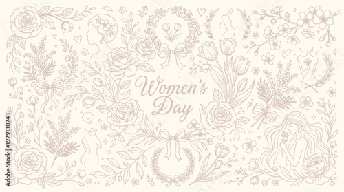 Elegant floral illustration celebrating International Women's Day with delicate line art and feminine motifs.