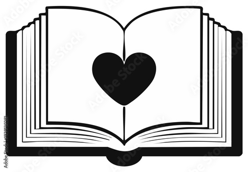 Open book with heart symbol inside, love and knowledge concept.