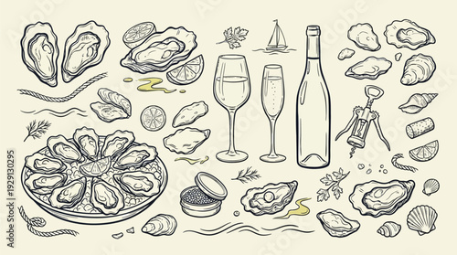 A detailed illustration of a luxurious seafood spread featuring oysters, caviar, wine, and accompaniments, presented in a vintage sketch style.