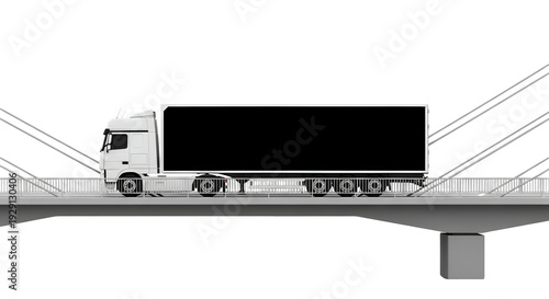 White Semi Truck Driving On Gray Bridge With Minimalist Design Against Black Background