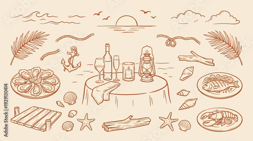 A romantic seaside dinner setup with a table set for two, featuring seafood, wine, and a lantern, surrounded by nautical elements and a sunset view.