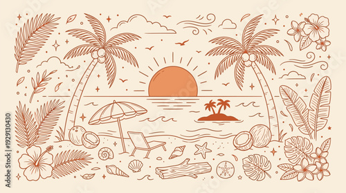 A charming, hand-drawn illustration of a tropical beach scene at sunset, featuring palm trees, a beach chair, and coconuts.