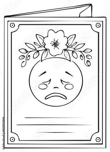 Sad Face on Mourning Card with Floral Decoration, Grief Illustration