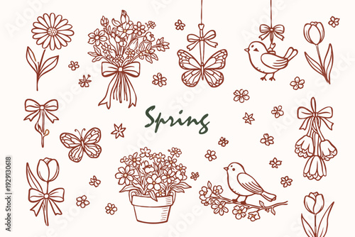 A charming hand-drawn illustration featuring various spring-themed elements like flowers, birds, and butterflies, perfect for seasonal decorations and designs.