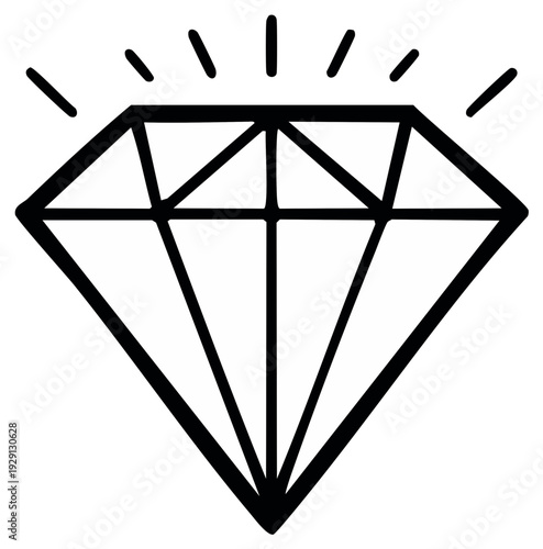 Simple Black and White Line Art Diamond Icon with Sparkles