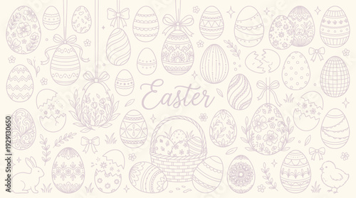 A charming collection of intricately drawn Easter eggs, bunnies, chicks, and floral elements, presented in a soft, pastel color palette, evoking a festive and whimsical spring celebration.