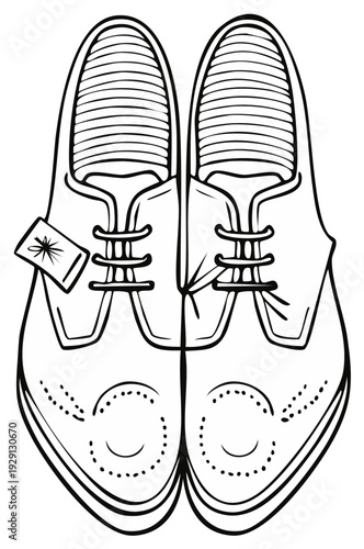 Classic Wingtip Oxford Dress Shoes with Laces and Tags Top View Hand Drawn Illustration