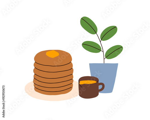 Pancakes stack with butter, syrup in mug and leaf plant in pot. Breakfast, morning food, homemade american pan cakes. Lunch served on plate. Flat vector illustration isolated on white background