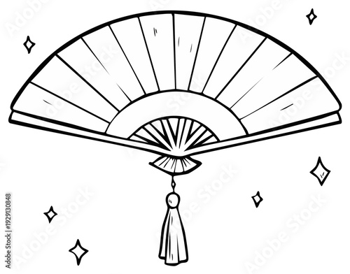Hand drawn illustration of an open oriental fan with a tassel and sparkling stars