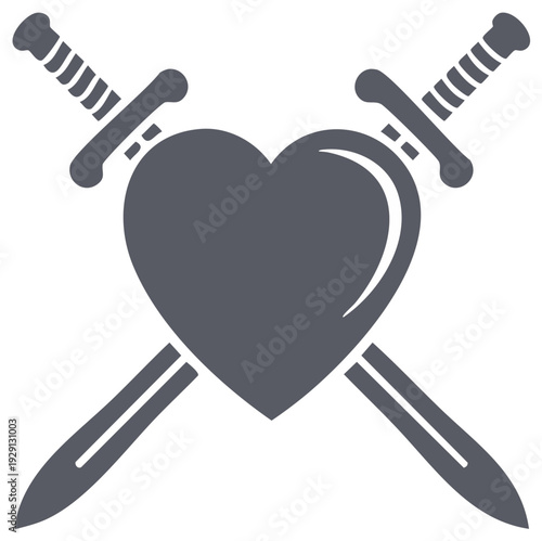 Symbol of a pierced heart with two crossed swords representing heartbreak or sacrifice