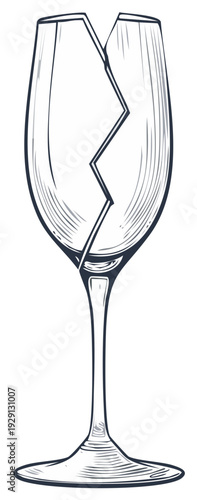 Broken wine glass vector illustration. Outline of a shattered glass.