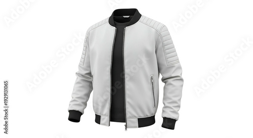 White Studded Bomber Jacket with Black Details and Transparent Background