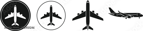 Airplane silhouette set isolated on white background, commercial aircraft icons for travel and aviation design, cad drawing flat vector illustration, flight transport symbols
