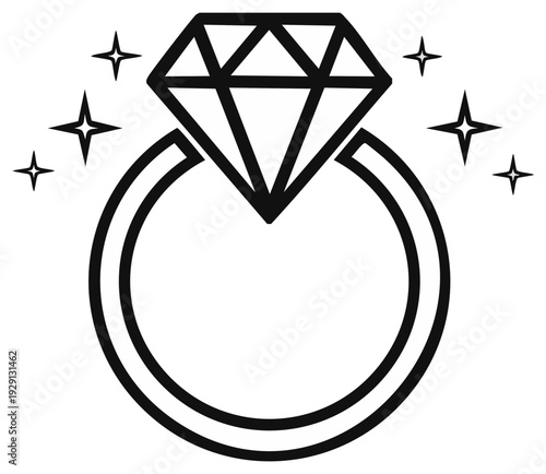 Elegant sparkling diamond engagement ring outline illustration icon representing love and luxury