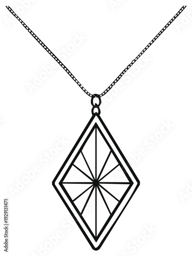 Diamond pendant necklace illustration, black and white outline, jewelry design