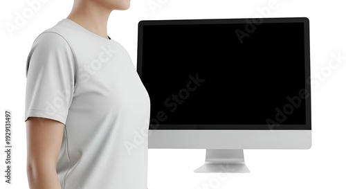 Woman Beside a Computer Display with a White Shirt against a Transparent Backdrop