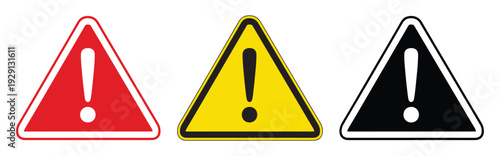 Set of three triangular warning signs with exclamation mark in red yellow and black on white background