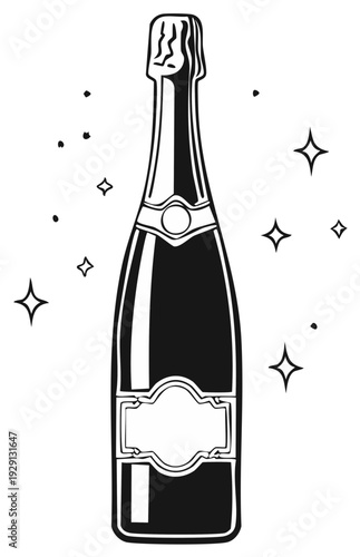 Black and white vector illustration of a festive champagne bottle with sparkles and a blank label