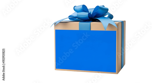 Wrapped Gift Box with Blue Ribbon and Blank Label Against Black Background
