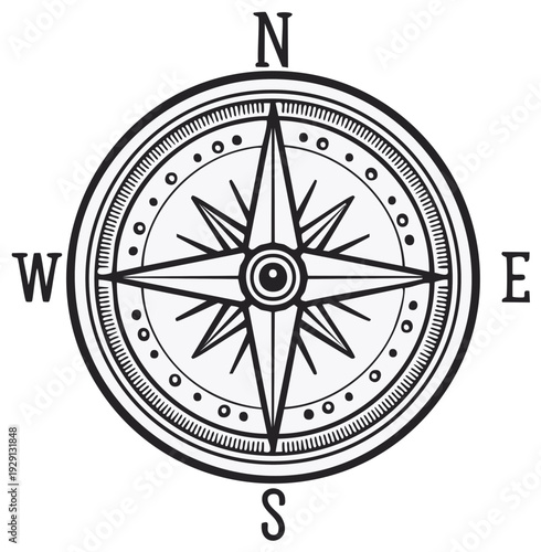 Detailed drawing of a compass pointing north, east, west, and south, graphic illustration.