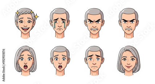 Diverse emotional expressions displayed on human faces, showcasing various feelings and moods.