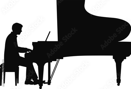 Pianist silhouette playing grand piano, musician performance vector illustration isolated on white background