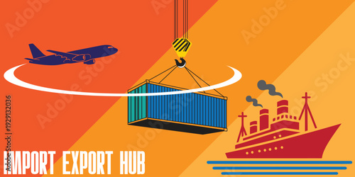 Import Export Logistics Hub Illustration with Air and Sea Freight.