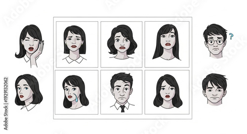 Diverse expressions of human faces depicting various emotions and feelings in a grid.