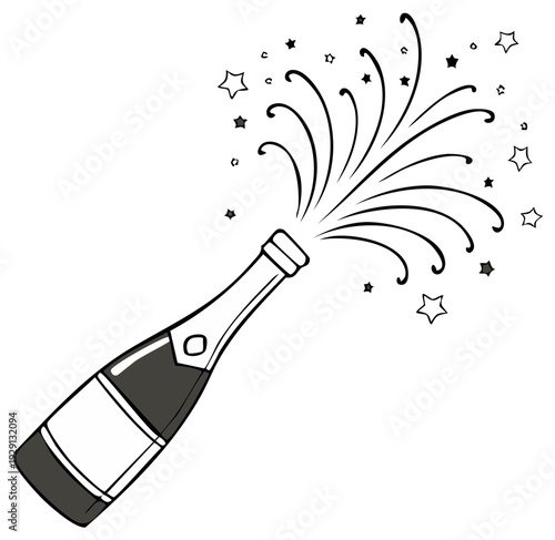 Celebrating occasion with illustration of open bottle of sparkling beverage with stars, and swirling spray