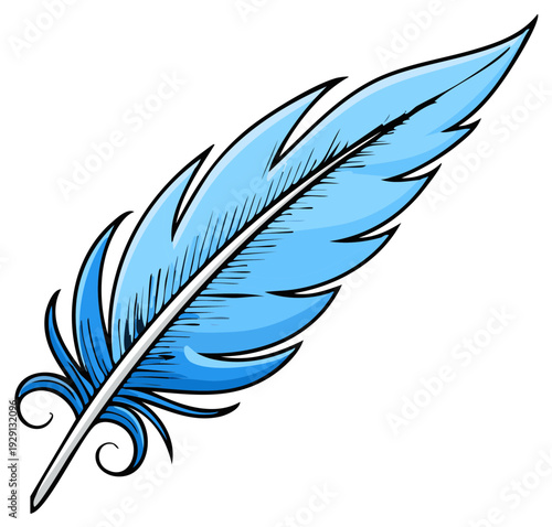 Cartoon-style blue feather illustration isolated on white background