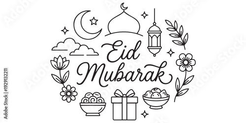 Eid Mubarak Line Art Greeting Illustration with Islamic Symbols.